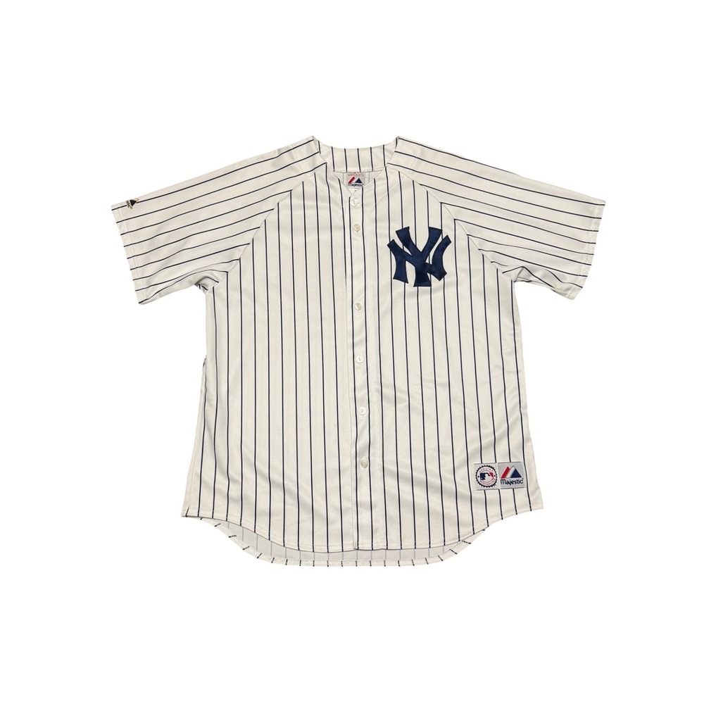 Vintage Majestic New York Yankees Pinstripe Baseball Jersey Mens XL White Navy